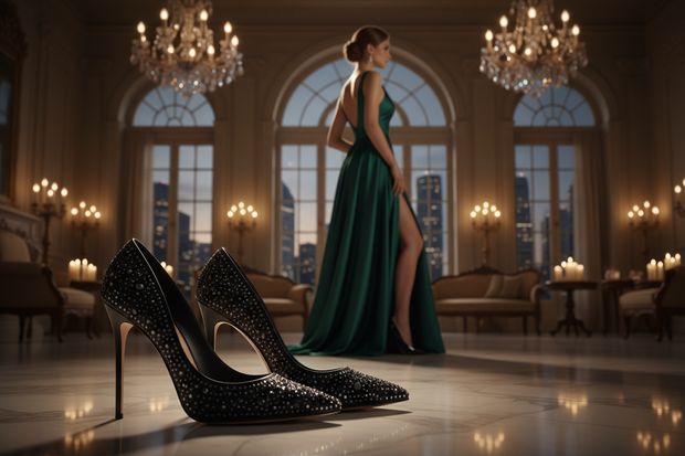 Frau mit Abendkleid und Schuhe Schuhe in Vordergrund 